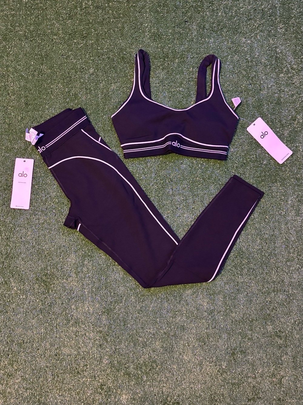 ALO Yoga Black Sports Bra and Leggings Set with White Contrast Trim